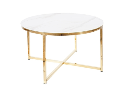 Masuta SALMA din sticla cu efect de marmura alba, metal auriu 80xH45cm
