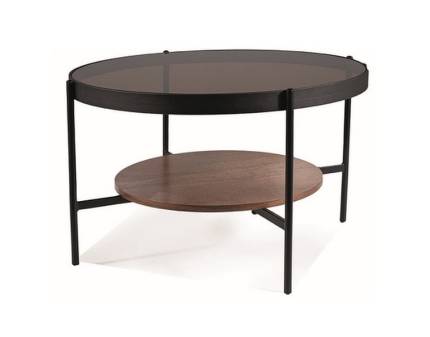 Masuta PRIMA B cu spatiu tip suport, din sticla securizata chihlimbar, MDF + furnir natural nuc, metal negru 74xH43cm