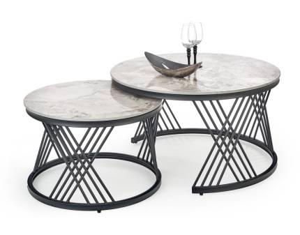 Set 2 masute FLAMINGO Grey din piatra sinterozata cu efect de marmura gri, metal negru 60xH40cm / 80xH46cm - clonat